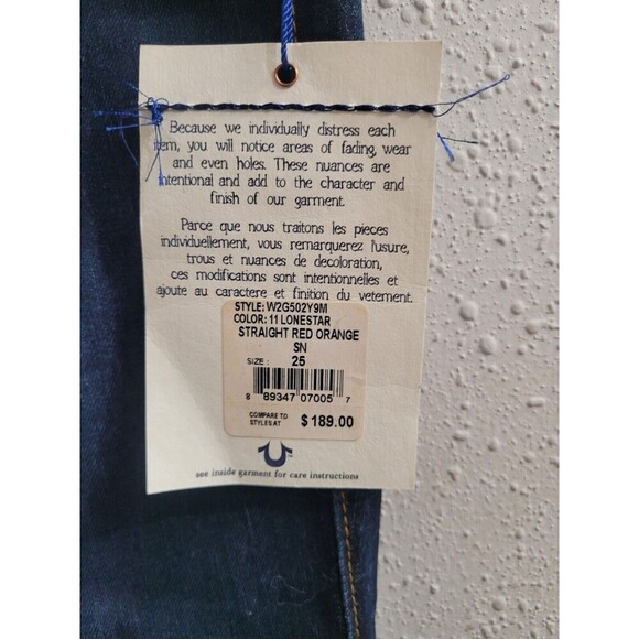 True Religion Straight Jeans -Red Orange Stitch-Lonestar Dark -Size 25- NWT $189 - Picture 4 of 13